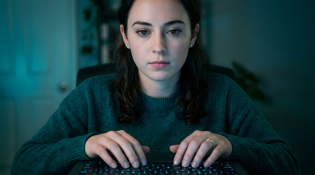 Close up portrait of focused woman typing on backlit keyboard at night