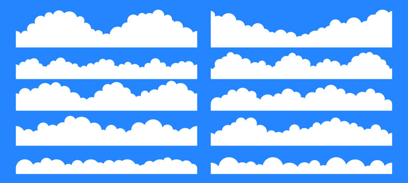 Seamless clouds border pattern frames for weather sky landscape. Fluffy cumulus cloud edges, cartoon horizon horizontal dividers, game level borders, web banner elements, graphic illustration set