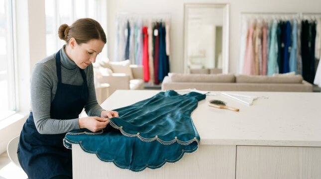 Seamstress inspecting festive dress hem with beaded trim in bright modern rental studio