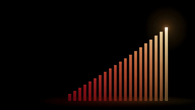 Financial growth bar chart with glowing red to yellow columns increasing in size on a dark black background, for data presentation
