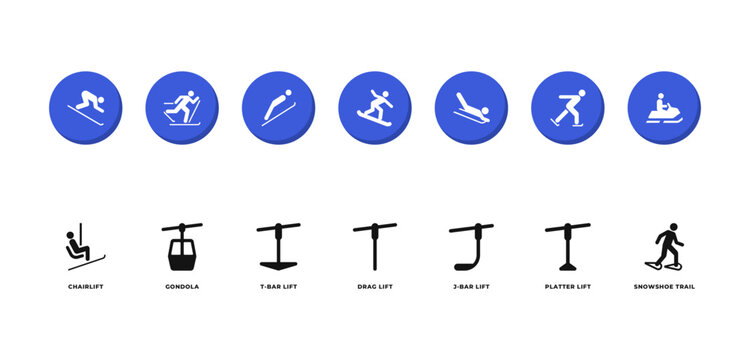 Winter sports pictograms set skiing snowboarding sledding ski lifts