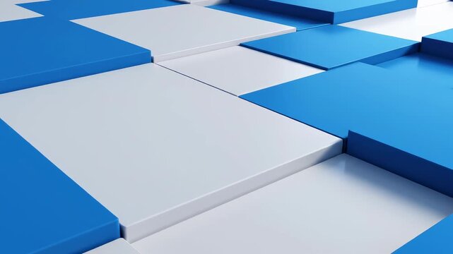 Abstract blue and white geometric planes shifting with subtle camera tilt in a clean studio environment