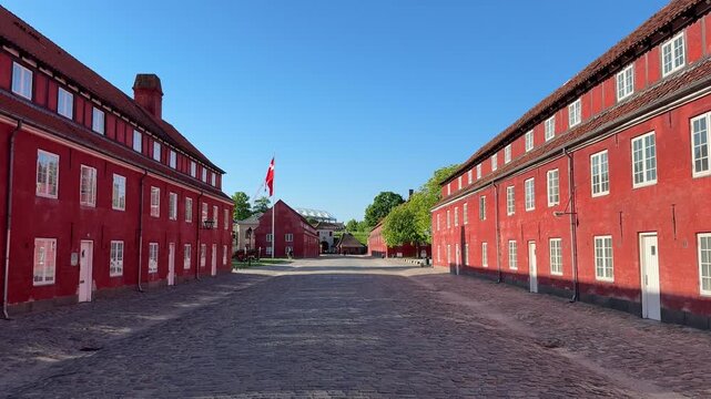 Historic red barracks inside Kastellet citadel in Copenhagen, Denmark