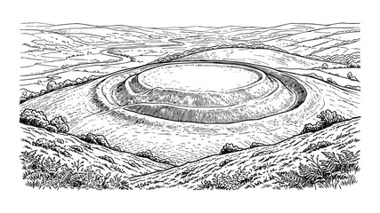 Obraz premium Hand-drawn black and white illustration of an ancient Celtic iron age hill fort with circular ramparts in a rolling countryside landscape
