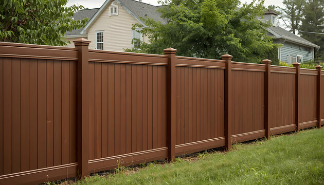 Brown wooden privacy fence with green grass and trees in a residential backyard