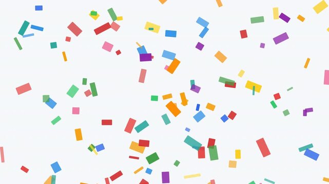 Random colorful confetti rectangles falling from top to bottom with gentle sway, spin and flutter on a light background, designed for deterministic frame-by-frame video rendering.