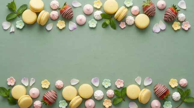 Yellow French macarons with chocolate strawberries and pastel meringue drops, elegant festive dessert border arrangement for bakery, wedding and celebration designs