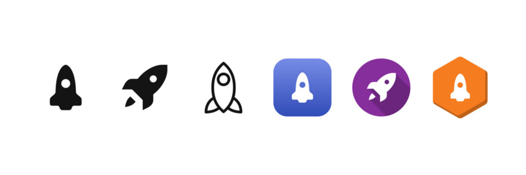 Rocket icons set startup launch rocket line solid badge and hexagon