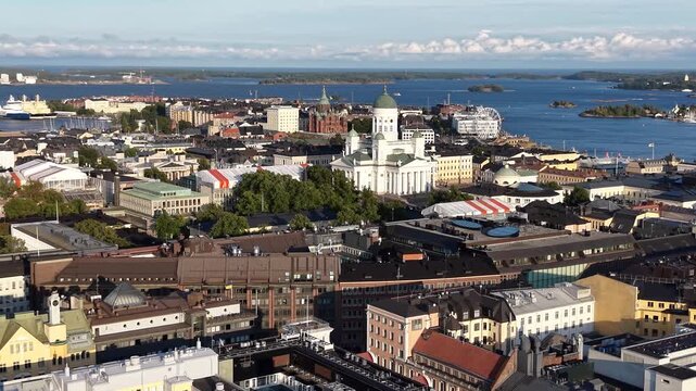 Drone shot of Helsinki Cathedral (Helsingin tuomiokirkko) and cityscape, Finland
