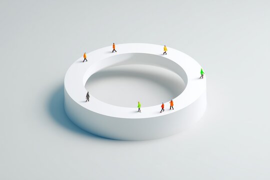 Isometric view of a floating white ring walkway with tiny people walking along it, cycle and continuity concept, 3D illustration