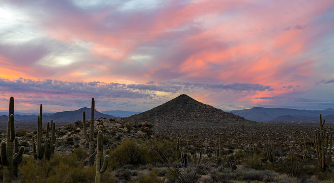 Ultra Wide Ratio Sonoran Desert Sunset Landscape With Vibrant Skies In AZ
