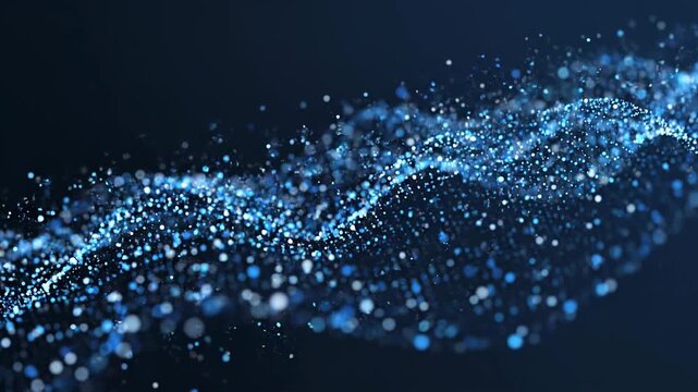 Abstract blue glowing particles flowing in digital wave motion against dark background with subtle bokeh for technology concepts