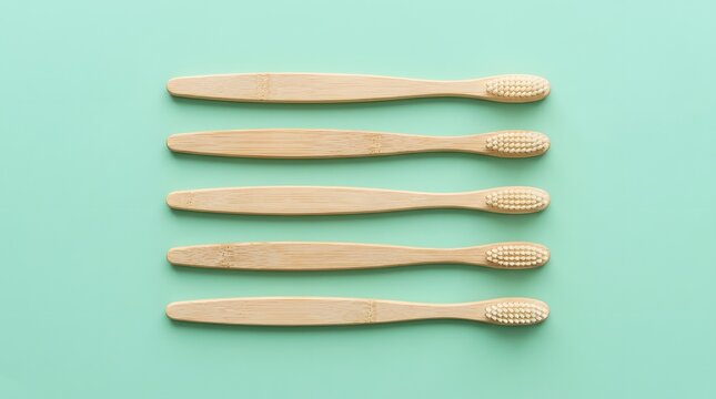 Eco Friendly Bamboo Toothbrushes on Mint Green Background