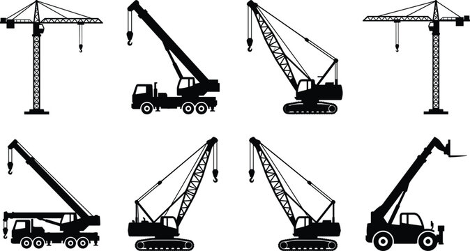 Construction Cranes and Heavy Lifting Machinery Silhouette Icons Set Isolated on White Background