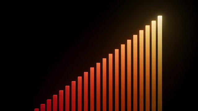 Rising bar chart with glowing red to yellow gradient columns representing statistical growth and data visualization on black background