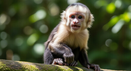 Fototapeta premium Cute white-faced capuchin monkey sitting on a tree branch in the rainforest