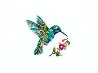 Obraz premium Iridescent hummingbird with emerald and sapphire plumage feeding from delicate pink flower blossoms on white background