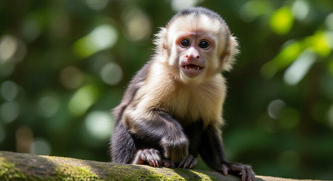 Cute white-faced capuchin monkey sitting on a tree branch in the rainforest