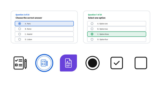 Multiple choice icon set quiz question cards and exam icons