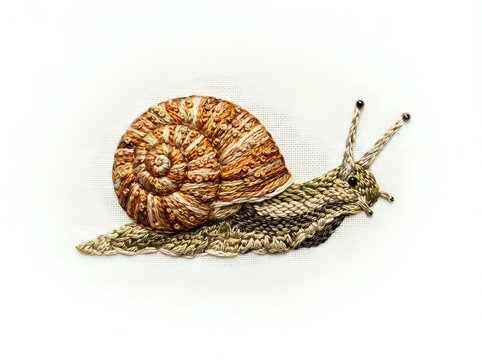 Garden snail with brown spiral shell and textured body crawling slowly on white background