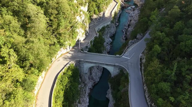 Drone shot of Napoleon's Bridge (Napoleonov most) in Kobarid, Slovenia