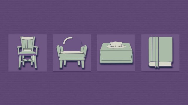 A therapy room supports a structured counseling conversation, with seating, comfort supplies, note taking, and timekeeping prepared for a focused session. Flat 3D style with smooth matte surfaces.
