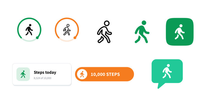 Step counter icon set daily steps goal and walking icons
