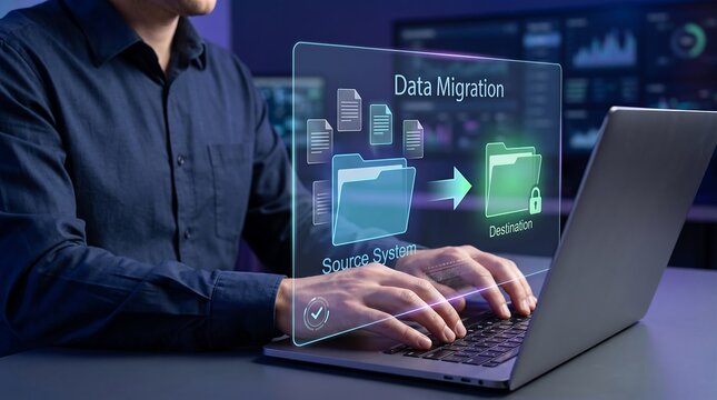 Professional IT workflow showing digital files transferred from source system to secure destination