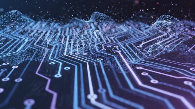 Abstract circuit board landscape with glowing blue lines in cinematic motion during a digital data flow