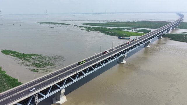 Static Aerial View of Padma Multipurpose Bridge Over Padma River in Bangladesh