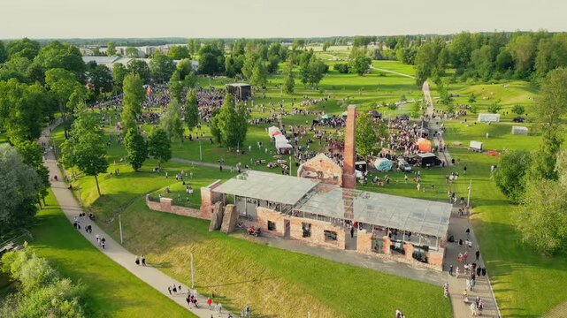 Jaanip&auml;ev Midsummer Festival Estonia Aerial View Lively Crowd Bonfire Celebration