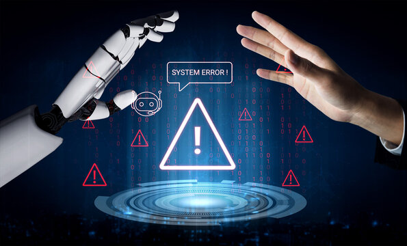 A striking image showcasing a robotic hand reaching out to a human hand, with digital error symbols highlighting technology challenges and human-robot interaction. Cyphers