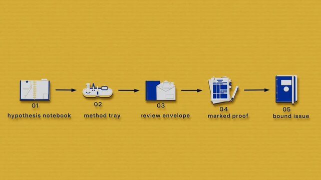 A scholarly publication workflow carries a hypothesis through method development, peer review, proof correction, issue binding, and archival shelving. Flat 3D style with smooth matte surfaces; objects
