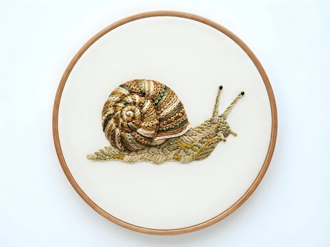 Garden snail with spiral shell and extended body in gold tones, displayed in circular wooden frame on cream background for nature and wildlife themes