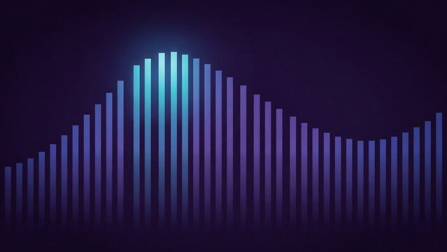 Vertical glowing bars in blue and purple hues arranged in a wave formation on a dark background, representing digital data, or frequency