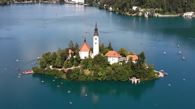 Aerial shot of Church of the Assumption on Lake Bled, Slovenia