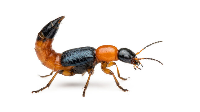 Rove beetle (Paederus) in defensive threat posture with raised abdomen isolated on white background