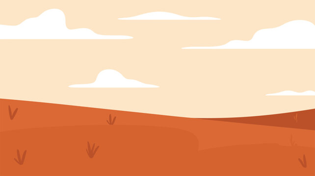 Flat design illustration of a desert landscape with rolling hills and white clouds in the sky