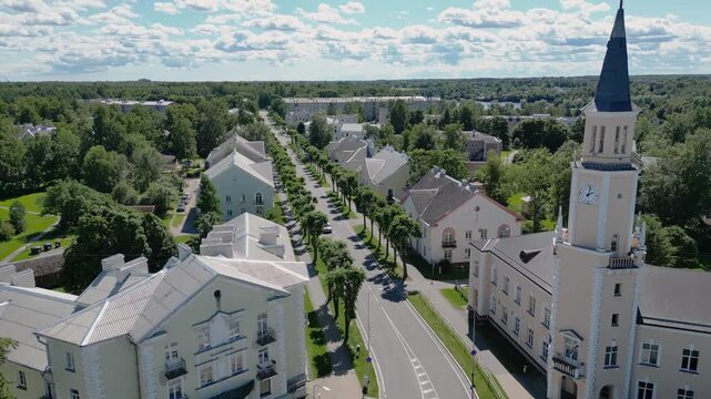Aerial Sillamae Estonia Soviet Architecture Tree Lined Street Historical Cityscape Urban Drone View