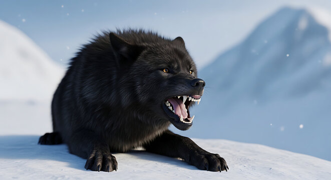Fierce black wolf snarling and showing teeth in a snowy mountain landscape