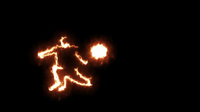 Fire Outline Animation of a Soccer Player Kicking a Ball on Black Background .