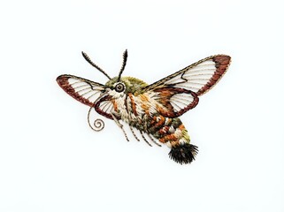 Obraz premium Detailed embroidery style hummingbird moth illustration with intricate stitched wings, isolated on white background