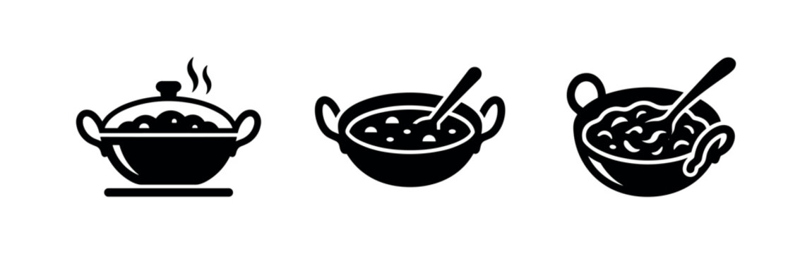 Stew pots and bowls with soup icons