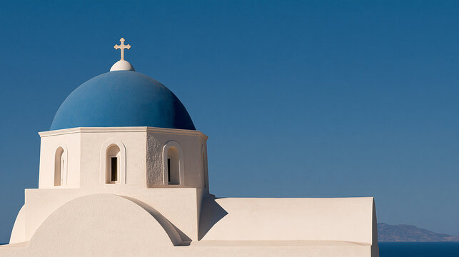 White church with blue dome and cross against clear sky  