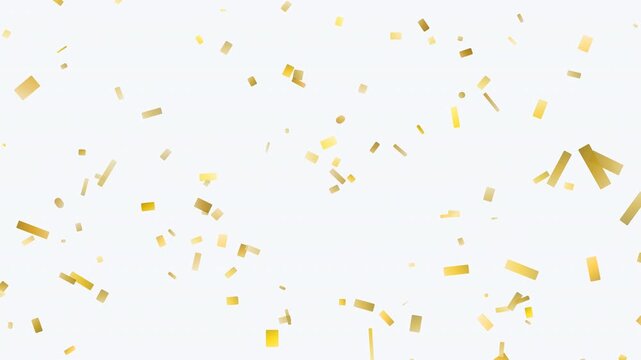 Random metallic gold confetti pieces falling from top to bottom with natural flutter, tumbling, wind gusts and depth parallax on a light background, designed for deterministic frame-by-frame video ren