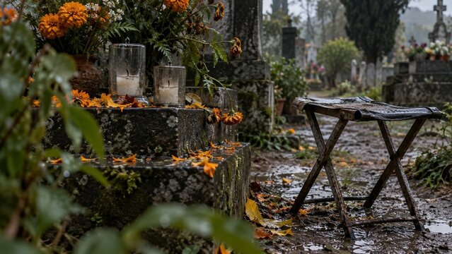 A weathered stone tomb structure with visible floral arrangements sits in a graveyard setting, the foreground features fallen yellow petals on damp earth near an old wooden stool