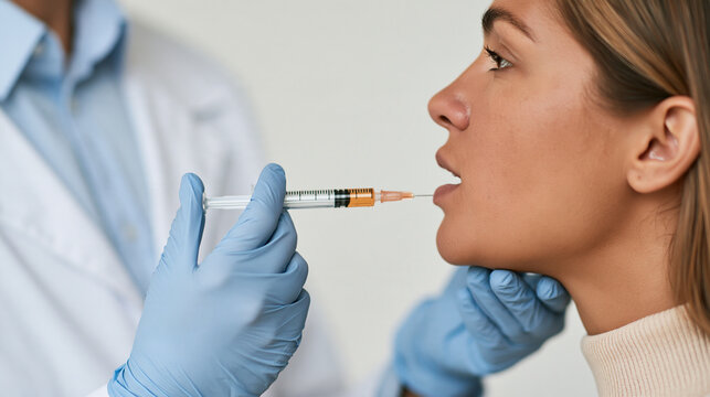 Female patient receiving throat swab test from doctor in clinic  
