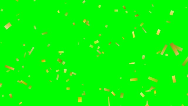 Random metallic gold confetti pieces falling from top to bottom with natural flutter, tumbling, wind gusts and depth parallax on a light background, designed for deterministic frame-by-frame video ren