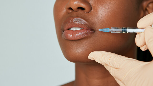 Young black woman receiving lip injection with syringe in clinic  
