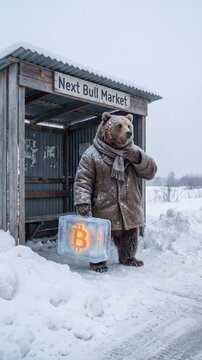 Bitcoin concept. Bear in Winter Coat Holding Bitcoin Briefcase in Winter at Bus Stop with Next Bull Market Sign. Video made using Generative AI